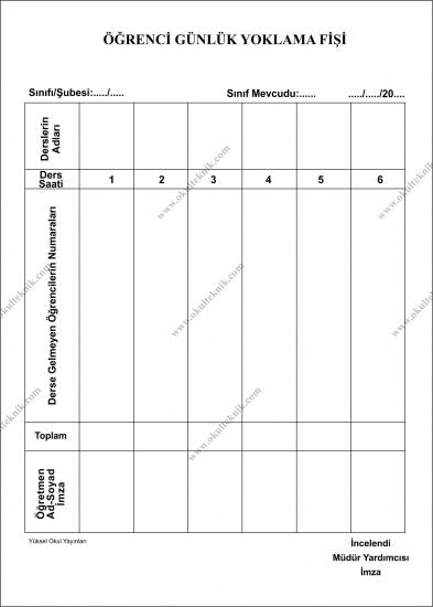 6 Ders Öğrenci Yoklama Fişi (100’lük Paket)